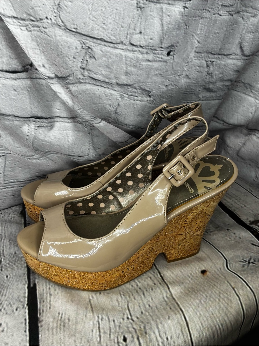 y2k Bratz Glossy Nude Slingback Chunky Cork Platform Stiletto Wedge Sandals Sz 9
